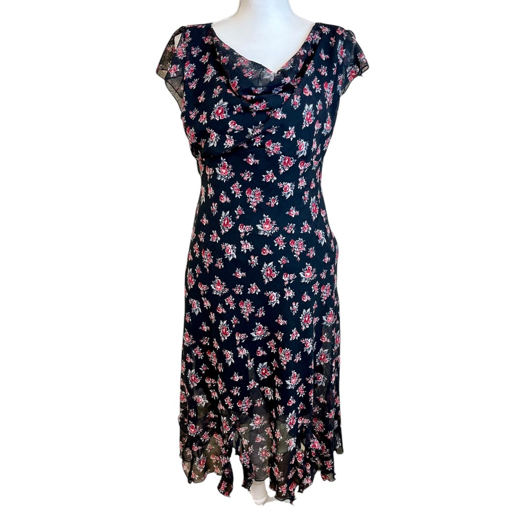 Vintage Y2K 90s CDC Floral‎ Print Cowl Neck Midi Dress Sz 10 Sheer Cap Sleeve